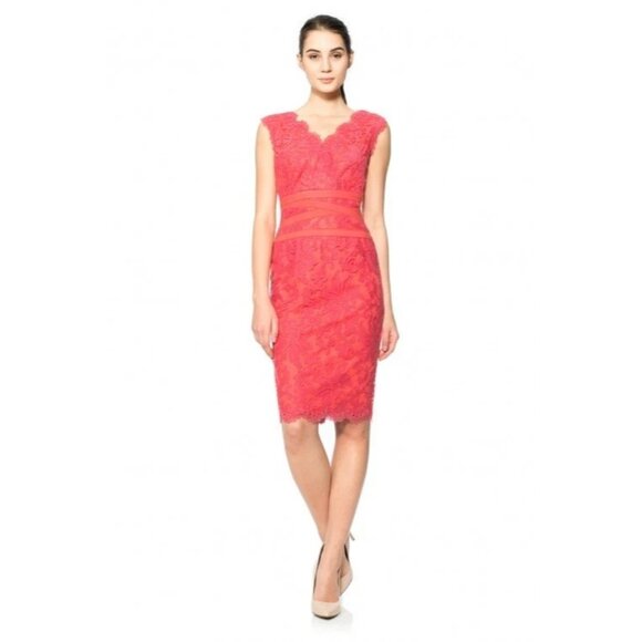 NWT TADASHI SHOJI Embroidered Lace V-neck Sheath in Cantaloupe Dress 8P - Picture 8 of 10